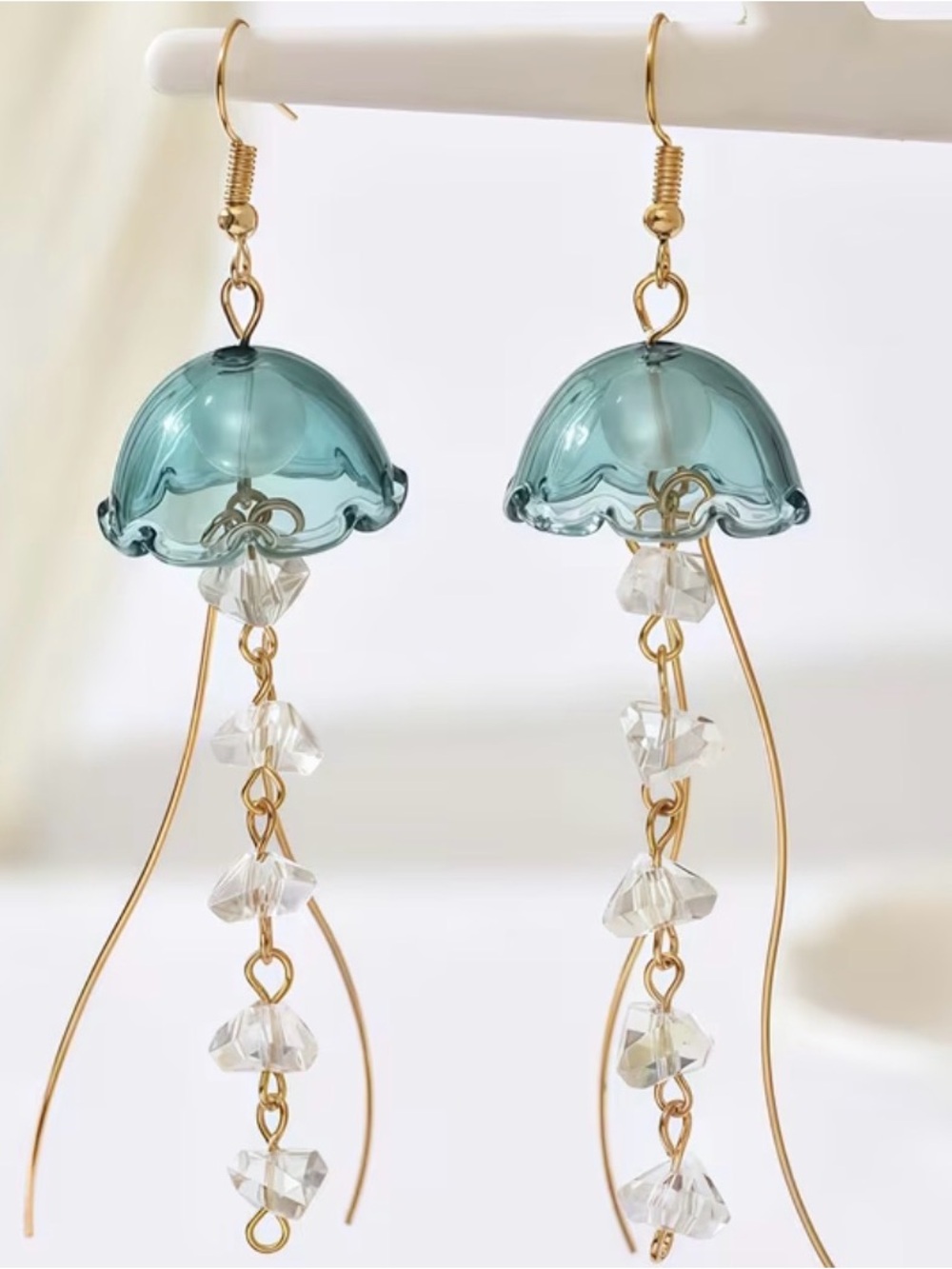 Stainless Steel Handmade Teal Glass Jellyfish Drop Earrings